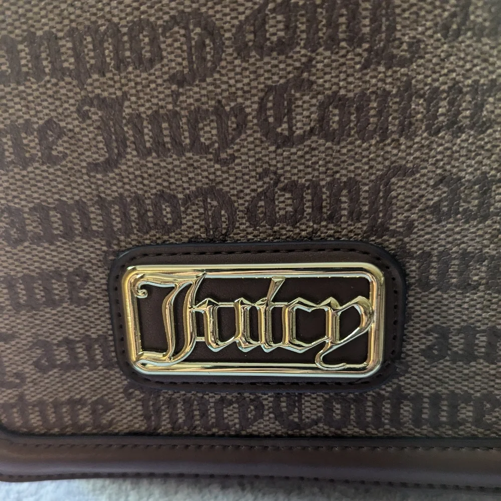 Juicy Couture  Gothic Logo Chestnut Chino statement flap crossbody bag.